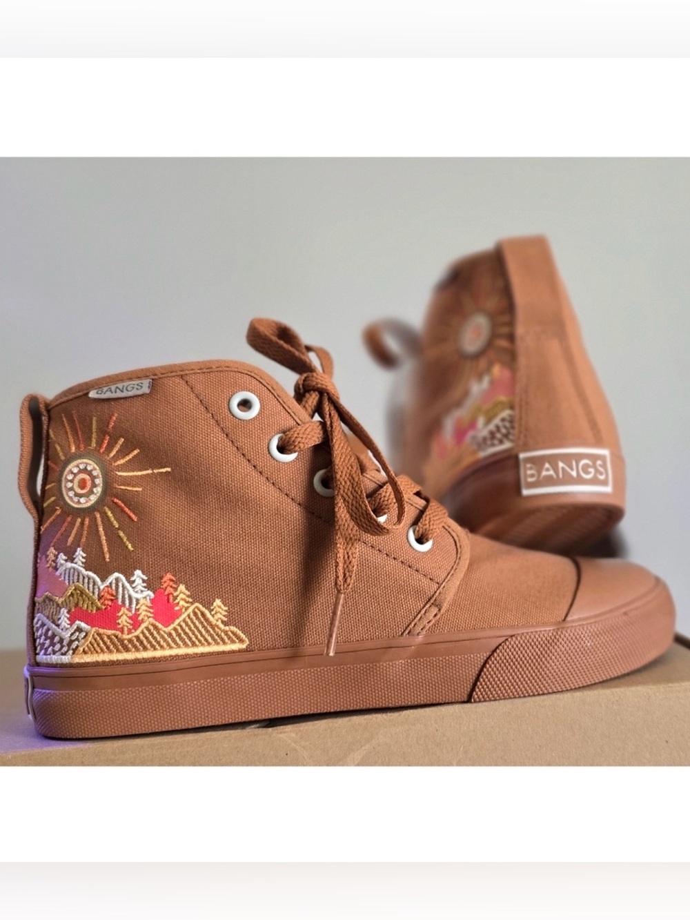 . Bangs Sunrise Mountain Tan Embroidered High Top Sneakers